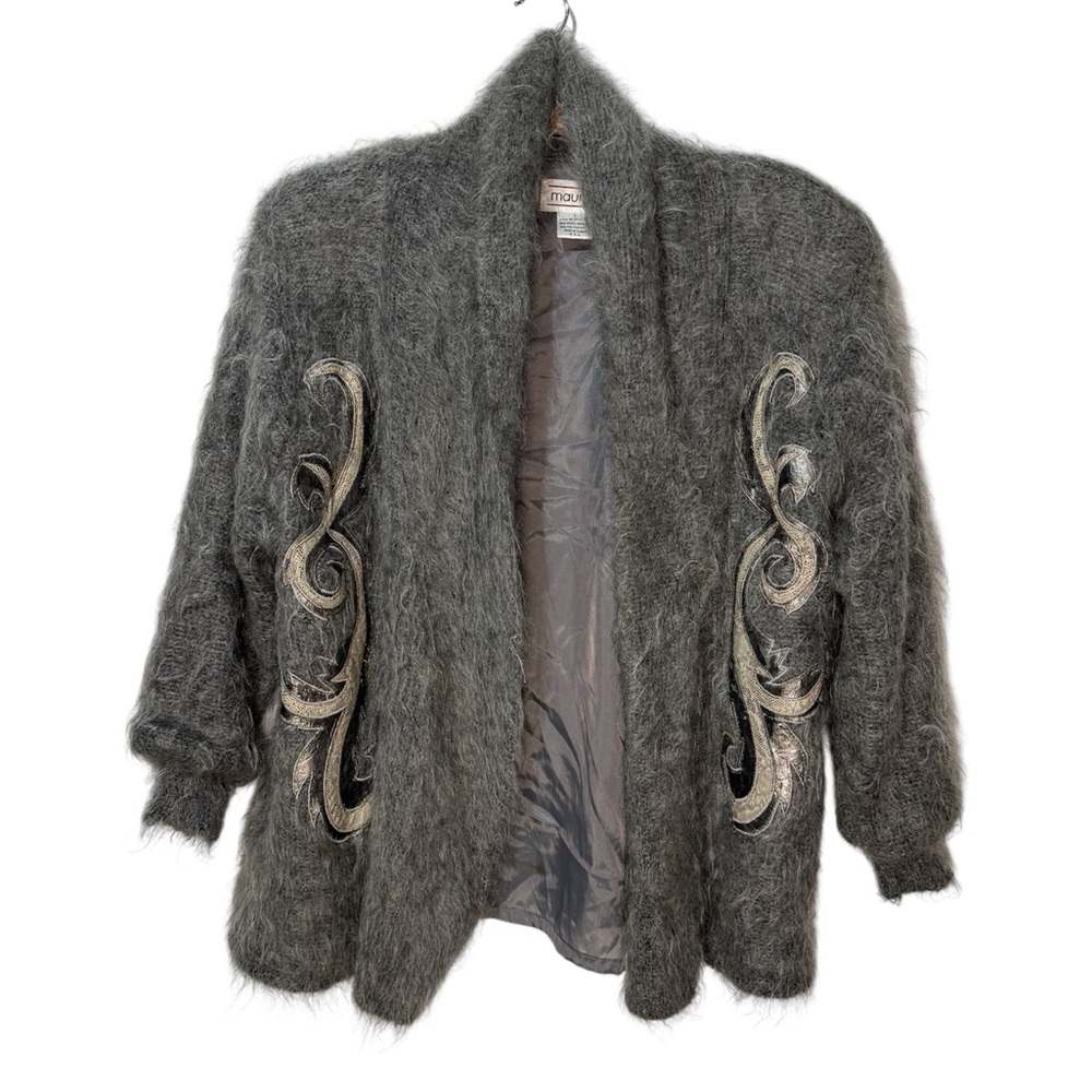 Maurada wool mohair Open Cardigan with Embroidered Swirl detail Large